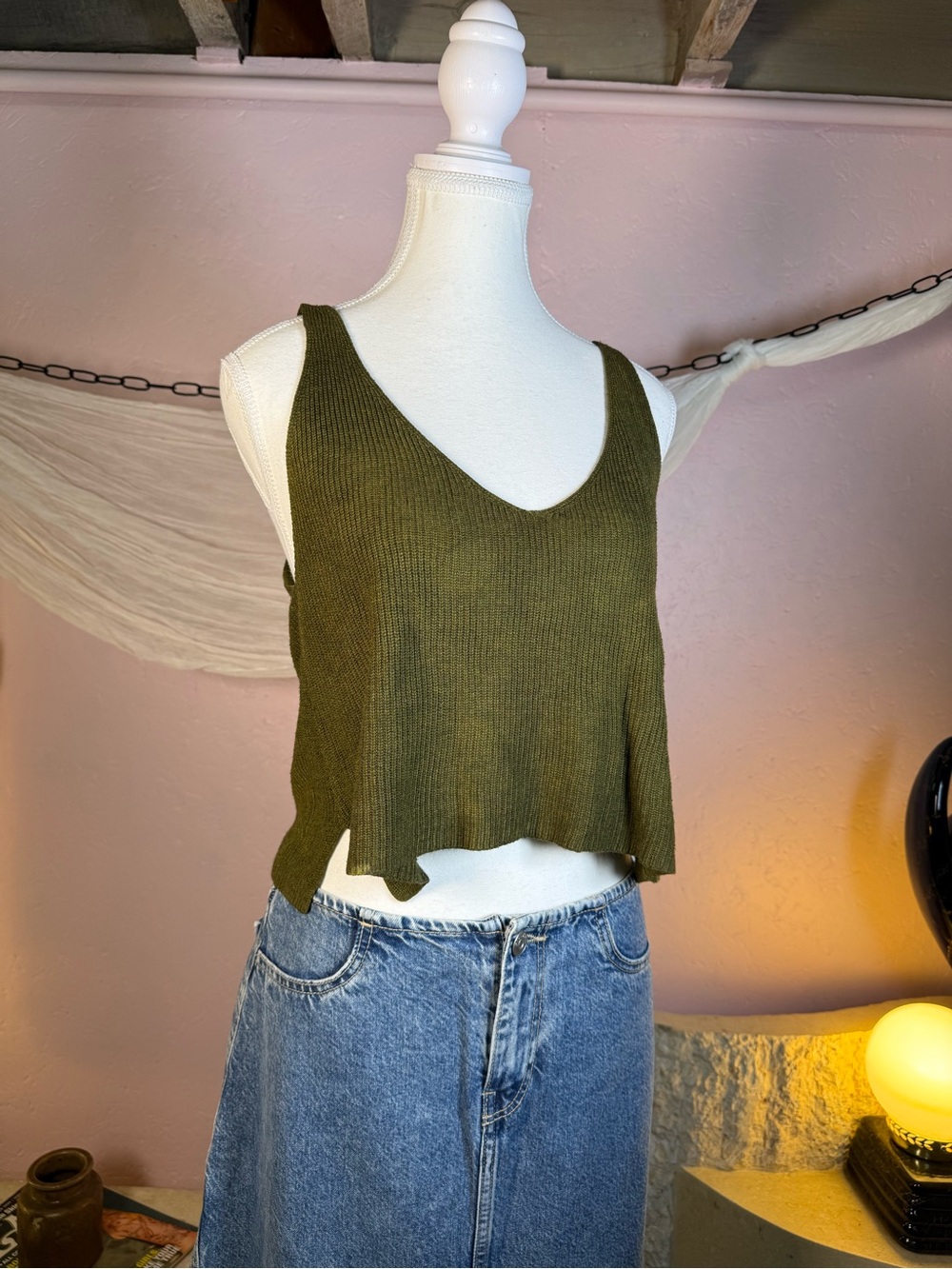 Olive Green Knit Open Back Tank Top Boho Minimalist Sleeveless Cami